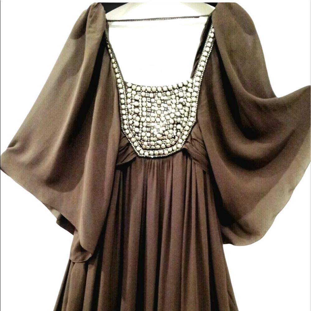 Roberto Cavalli Dress 40 Silk Empire Beaded Asymmetric Olive Brown Formal